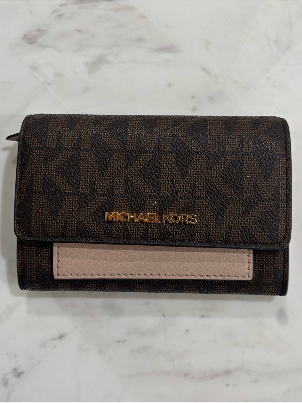 Michael Kors Brown Logo Trifold Wallet with Blush Accent